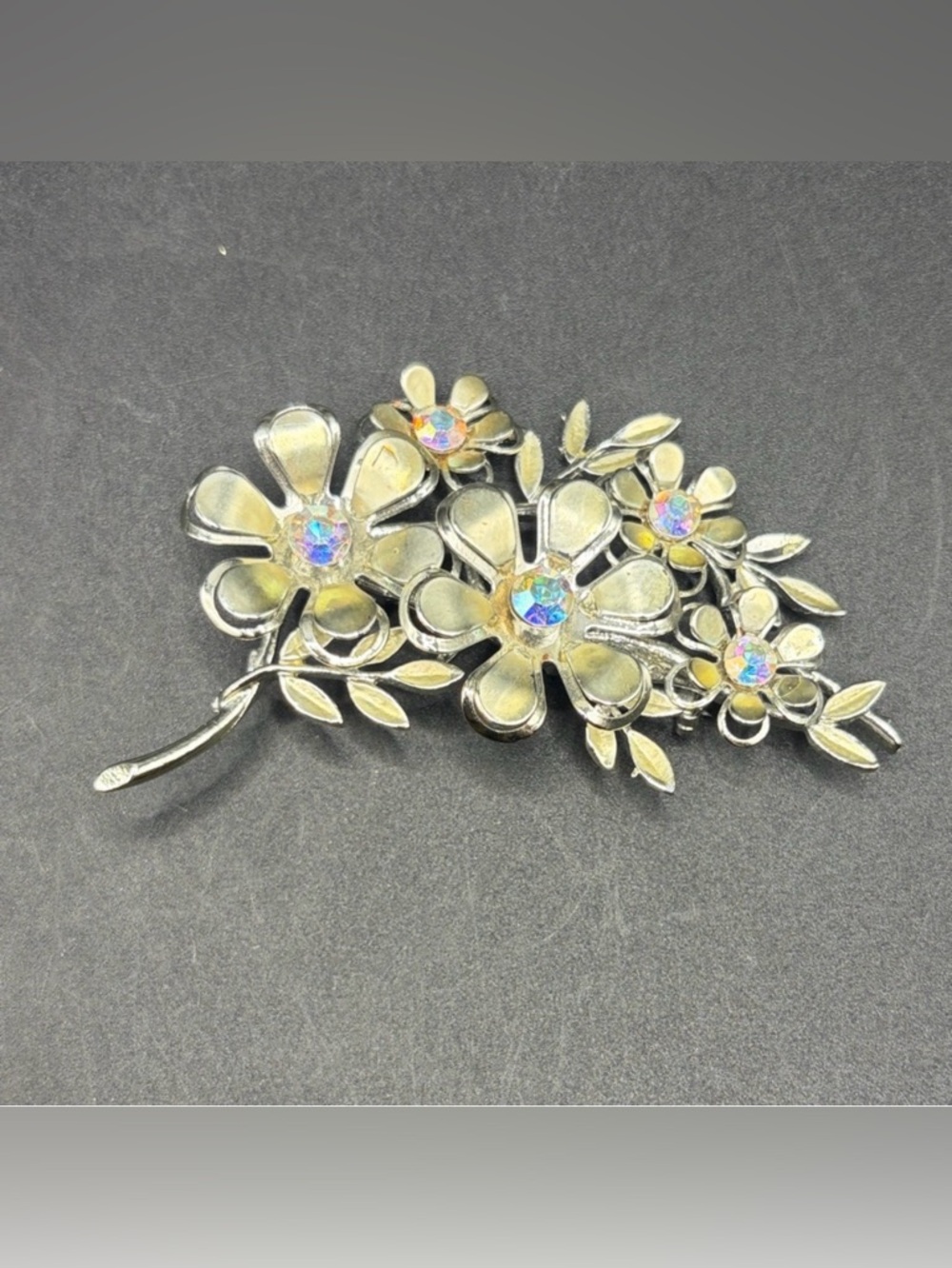 Coro Vintage Flower Spray Brooch Pin Silver Tone Aurora Borealis Rhinestone, 3"